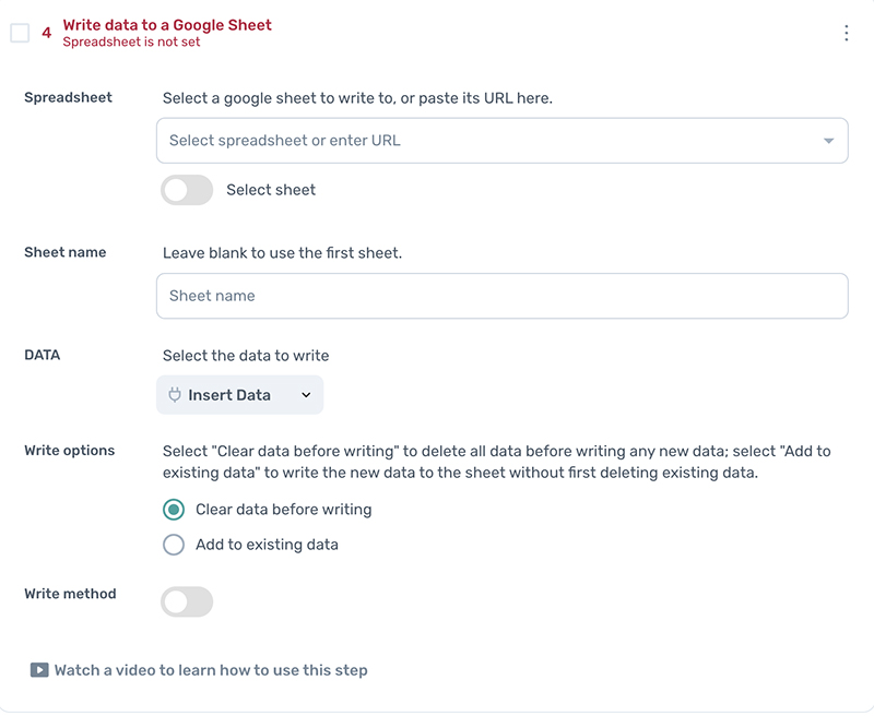 axiom.ai write data to a google sheet step