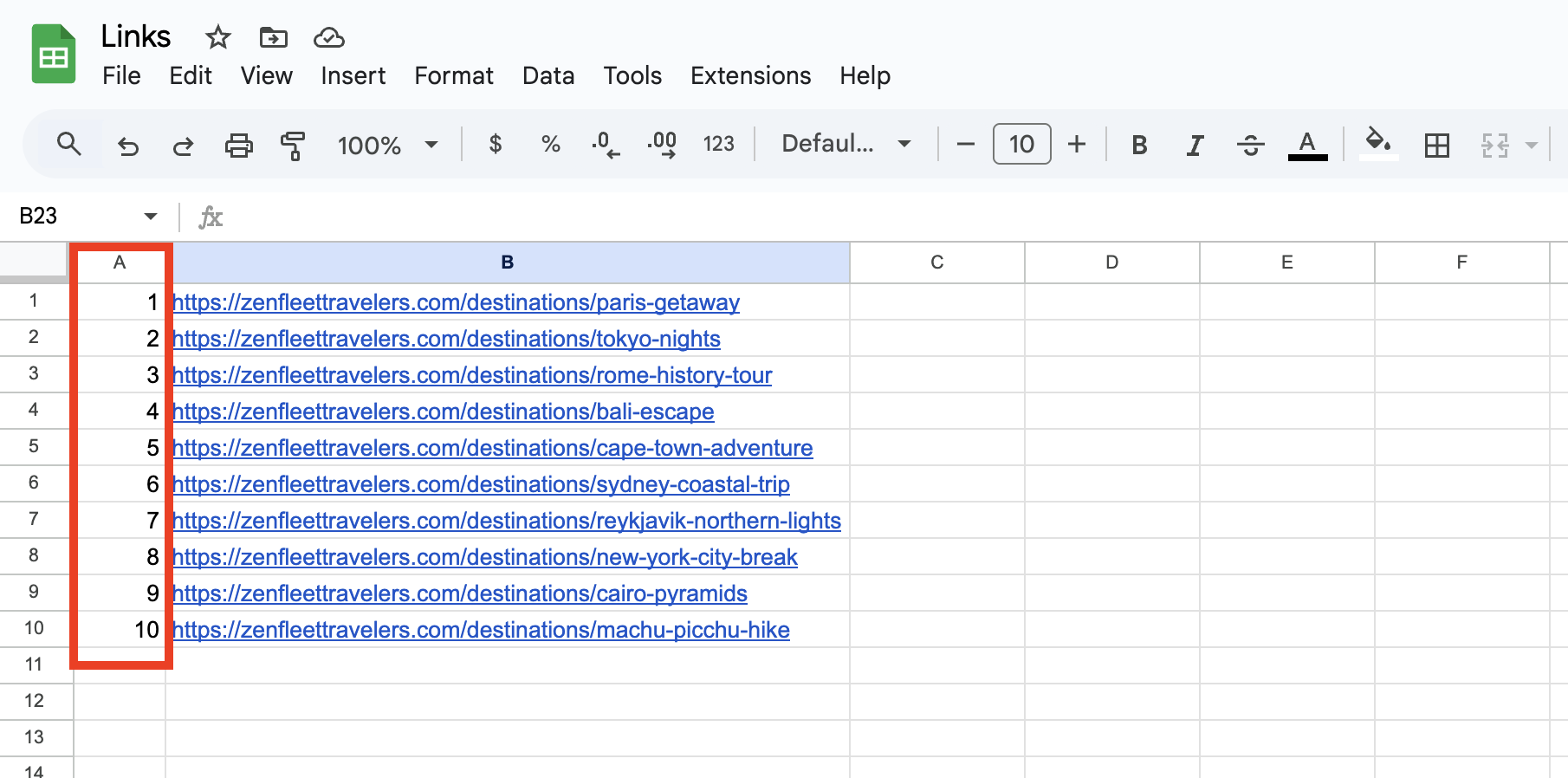 Google Sheet with Row Numbers