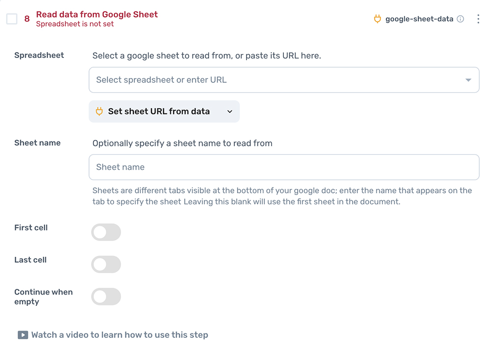 axiom.ai read data from a Google Sheet step