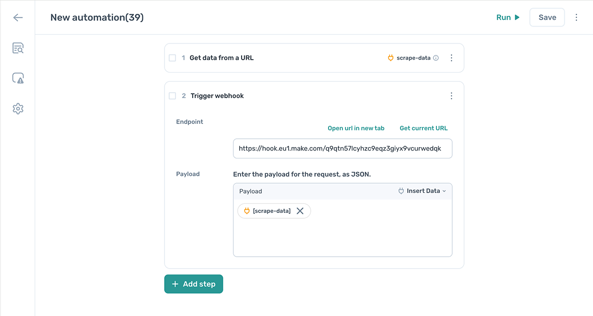 Configure the trigger webhook step and post scraped data to Make