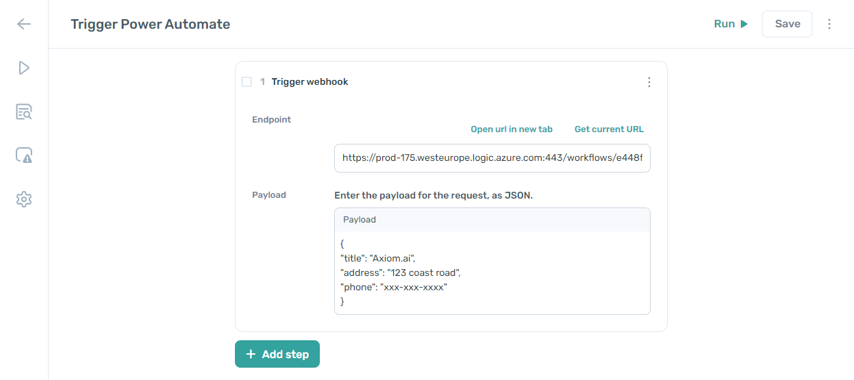 set up trigger a wehook step in Axiom.ai