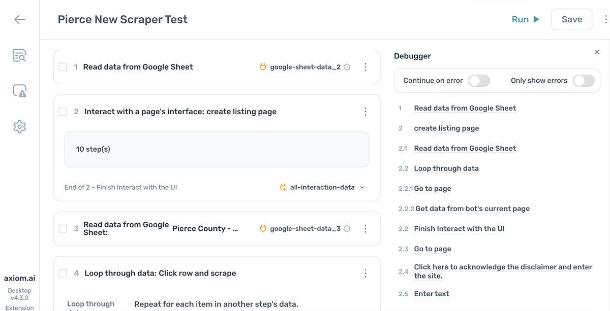 screen shot of the axiom.ai debugger