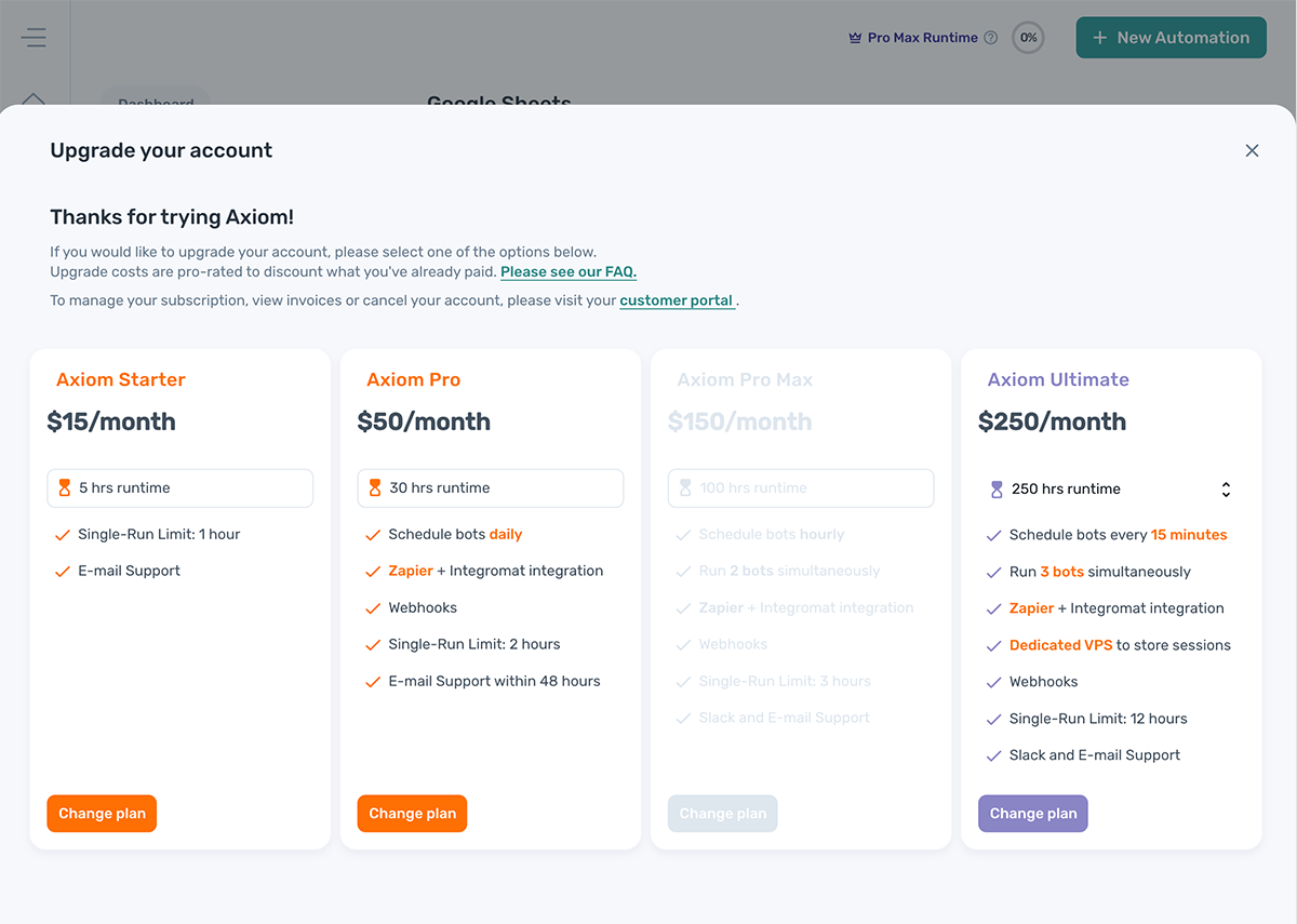 axiom.ai's change subscription plan