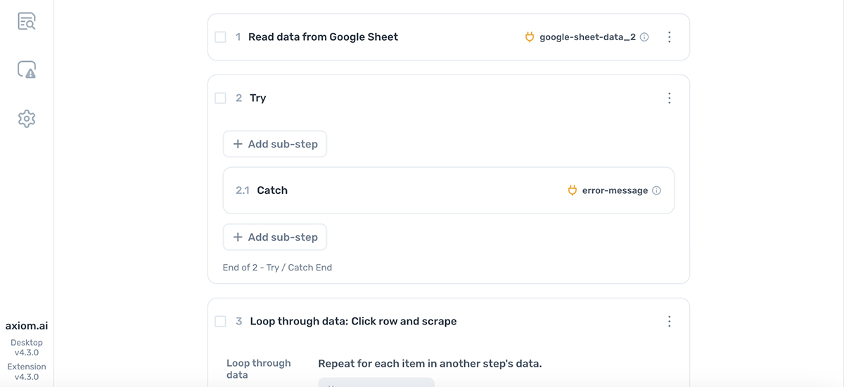 try catch error handling axiom.ai