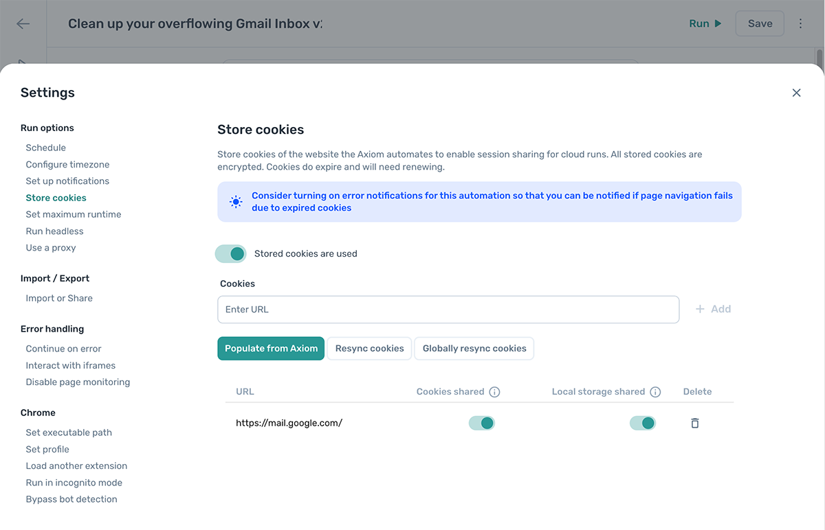 Send local storage to cloud on run