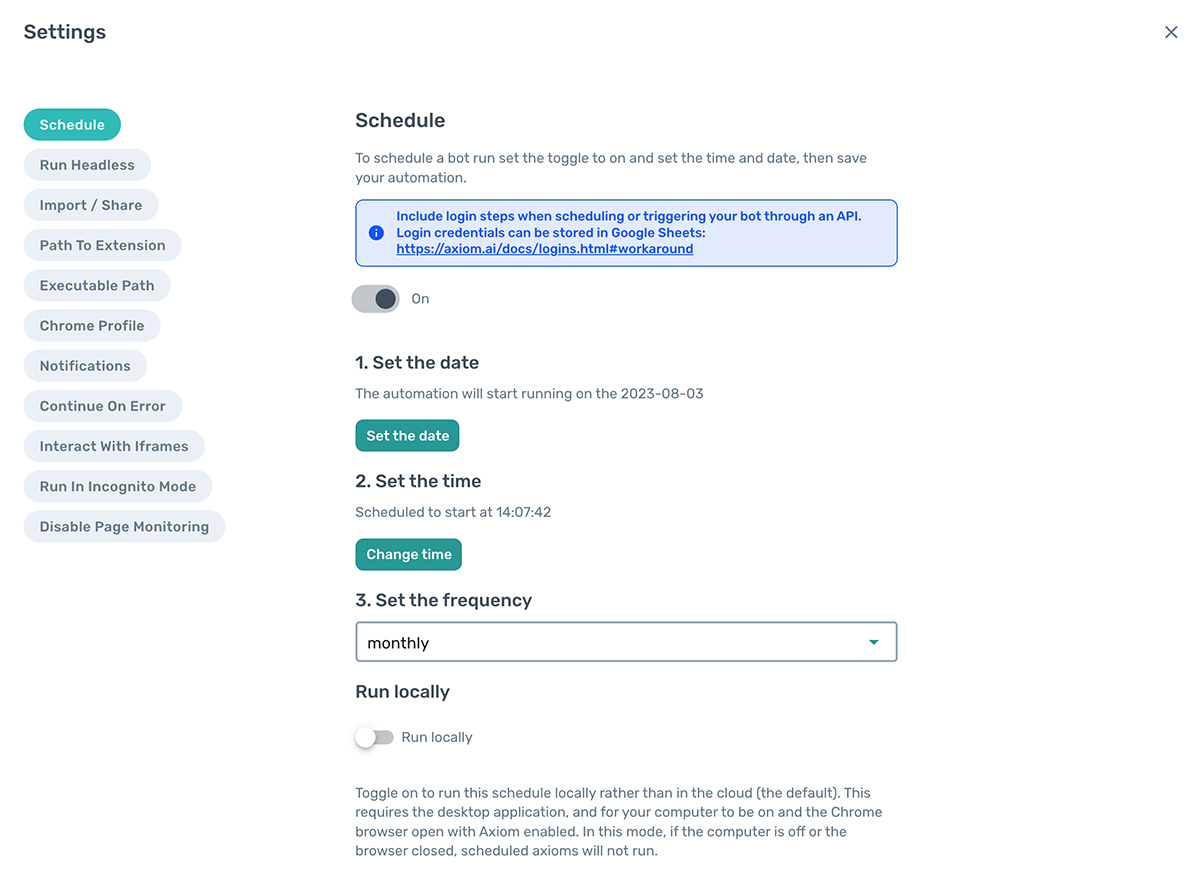 monthly schedule option in Axiom